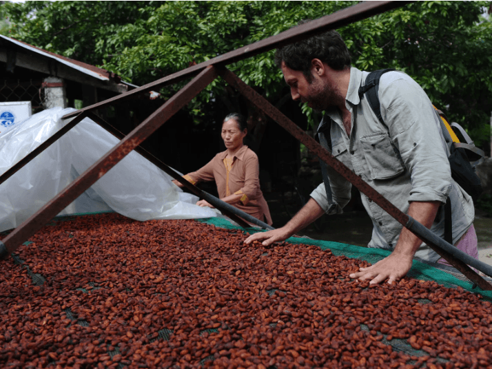 Vincent Mourou, nhà đồng sáng lập Marou, xem xét các hạt cacao tại vườn ở Huyện Gò Công Tây (Nguồn: npr.org)