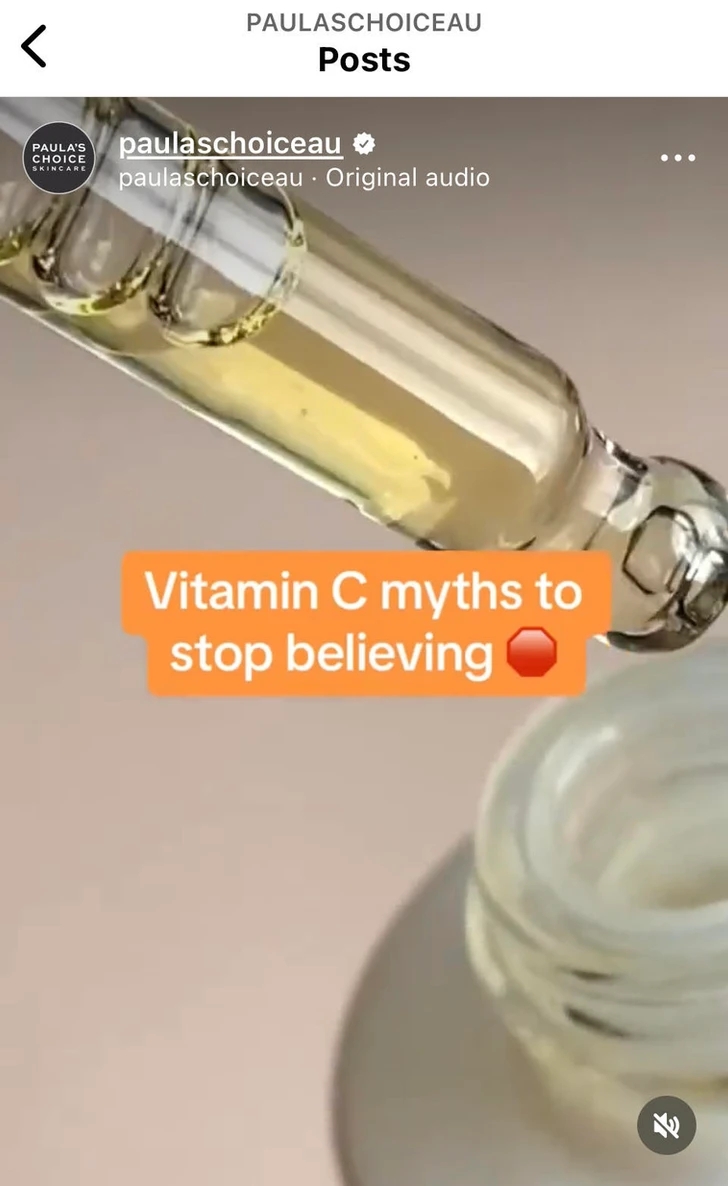 Hình chụp một bài post trên trang Paula's Choice (tại Úc) với nội dung "những giai thoại về vitamin C"
